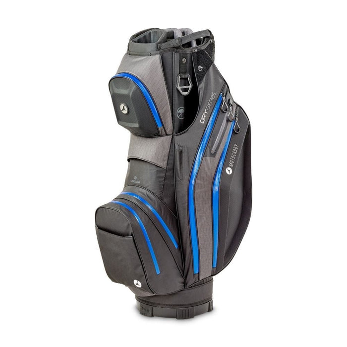 side profile of the side profile and top divider of the Motocaddy Dry-Series Waterproof Cart Bag 2026 in black & blue