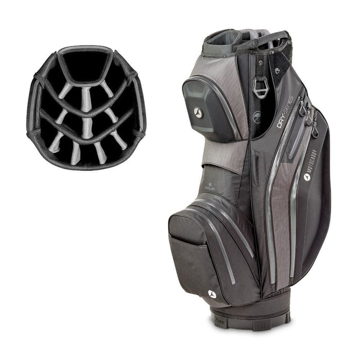 side profile and top divider of the Motocaddy Dry-Series Waterproof Cart Bag 2026 in black & charcoal