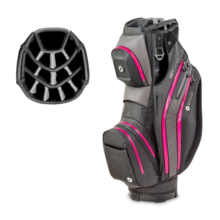 side profile and top divider of the Motocaddy Dry-Series Waterproof Cart Bag 2026 in black & pink