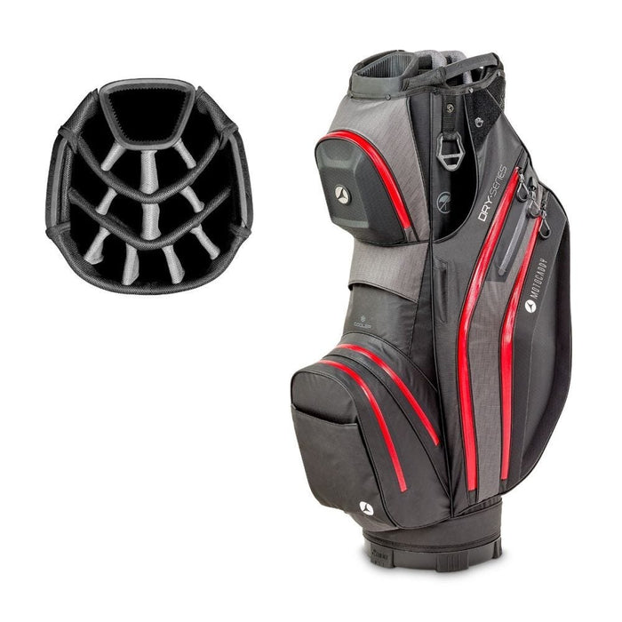 side profile and top divider of the Motocaddy Dry-Series Waterproof Cart Bag 2026 in black & red