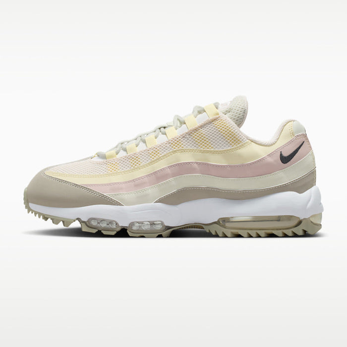 side profile of Nike Air Max 95 G Golf Shoes in yellow beige and white