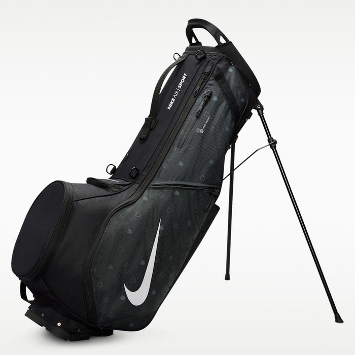 side profile of the new Nike Air Sport 2 Golf Stand Bag in black on its stand