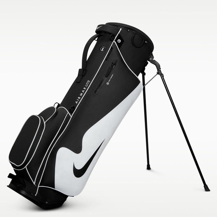 black and white Nike Air Max Lite Golf Stand Bag on its stand