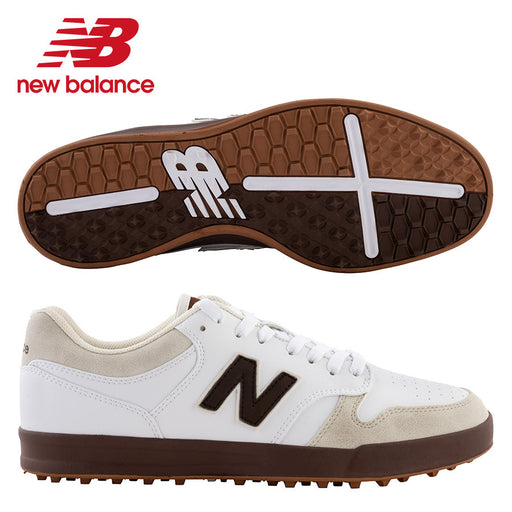White and beige golf shoe with brown sole, featuring New Balance logo and branding.