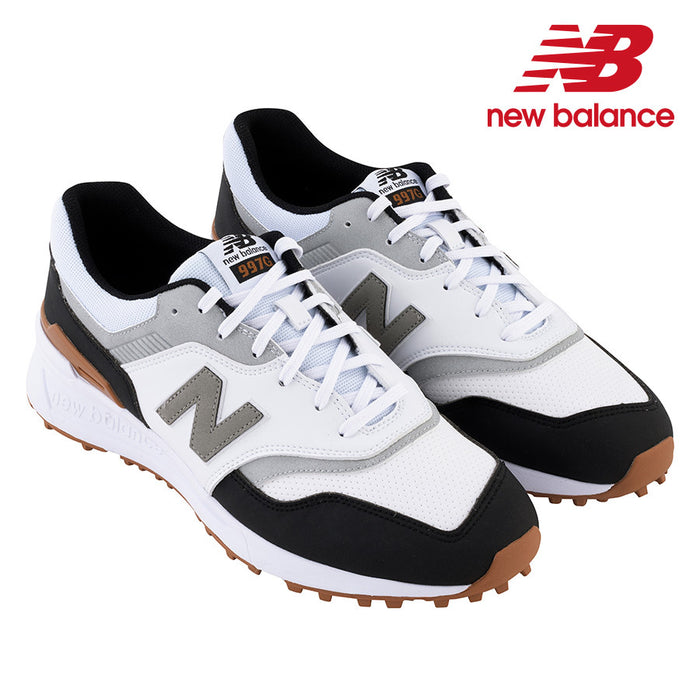 pair of New Balance 997 Spiked Golf Shoes in white, black and brown