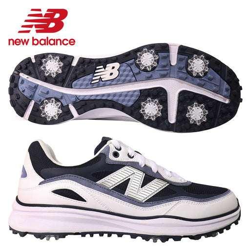 the New Balance 1982 Spiked Golf Shoes in navy with white trim, side profile of the right shoe and sole system on the left shoe