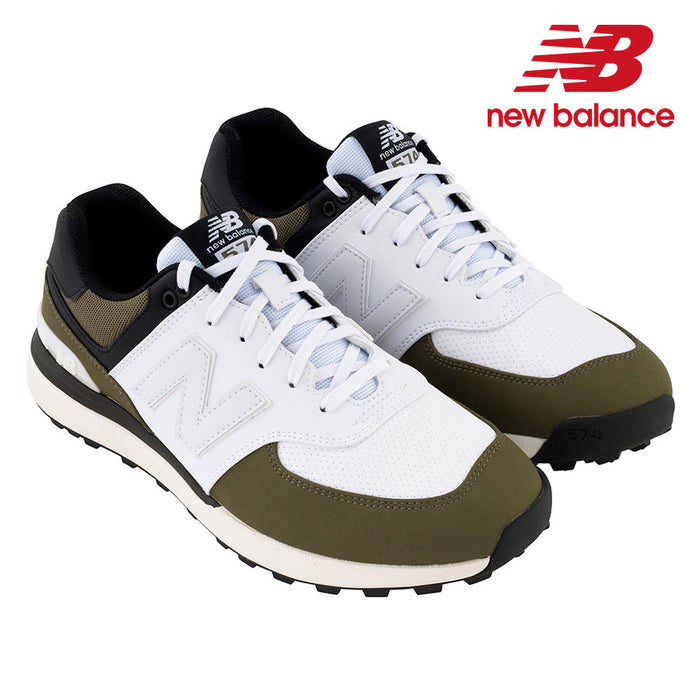 pair of the New Balance 574 V2 SL Golf Shoes in white and olive