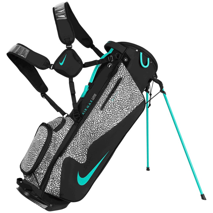 side profile of Nike Air Max Lite Golf Stand Bag on black, jade and grey on its stand