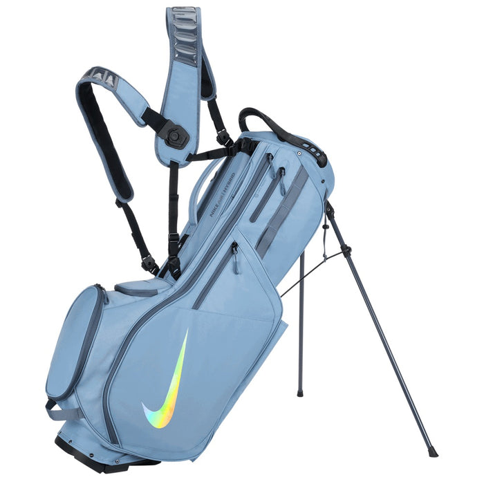Nike Air Hybrid 2 Golf Stand Bag in blue and iridescent on its stand