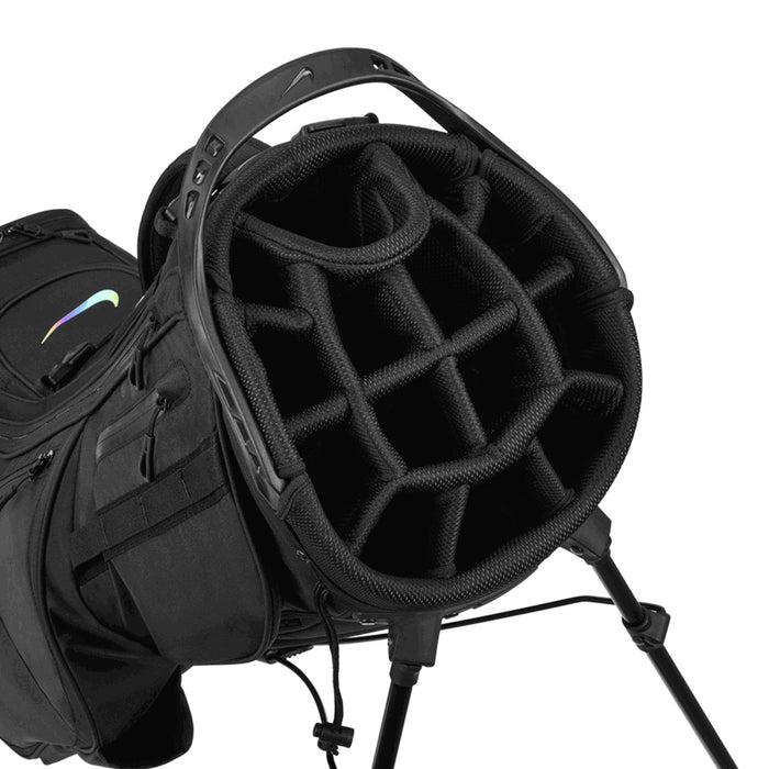 top dividers of the Nike Air Hybrid 2 Golf Stand Bag in black with iridescent logo