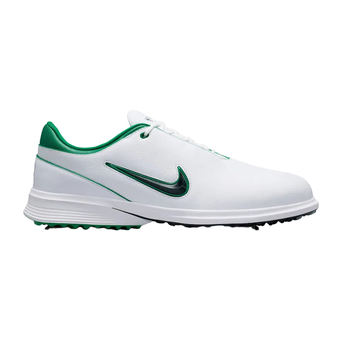 White golf shoe with green accents on a white background