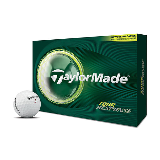 dozen box f the new Taylormade Tour Response Golf Balls 2026 with a loose golf ball on display