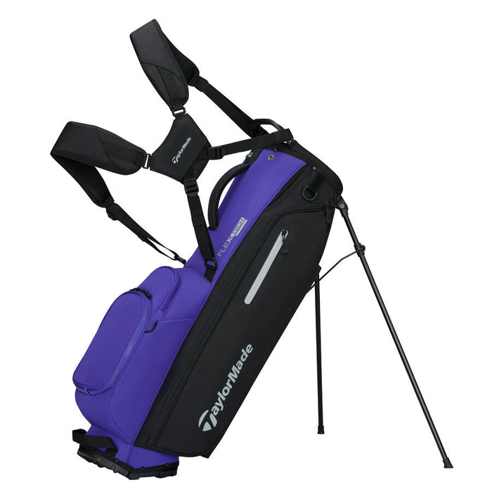 Purple and black TaylorMade golf bag with stand on a white background