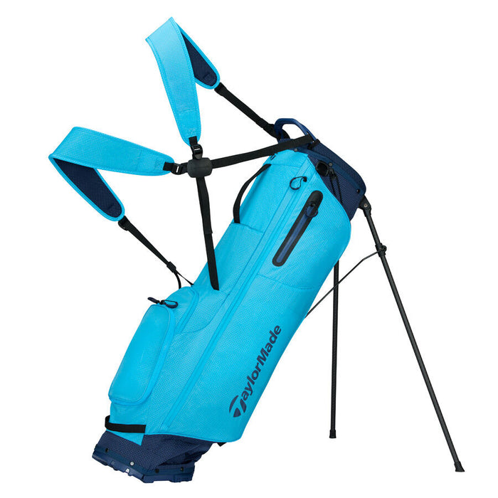 Blue golf bag with black stand on a white background