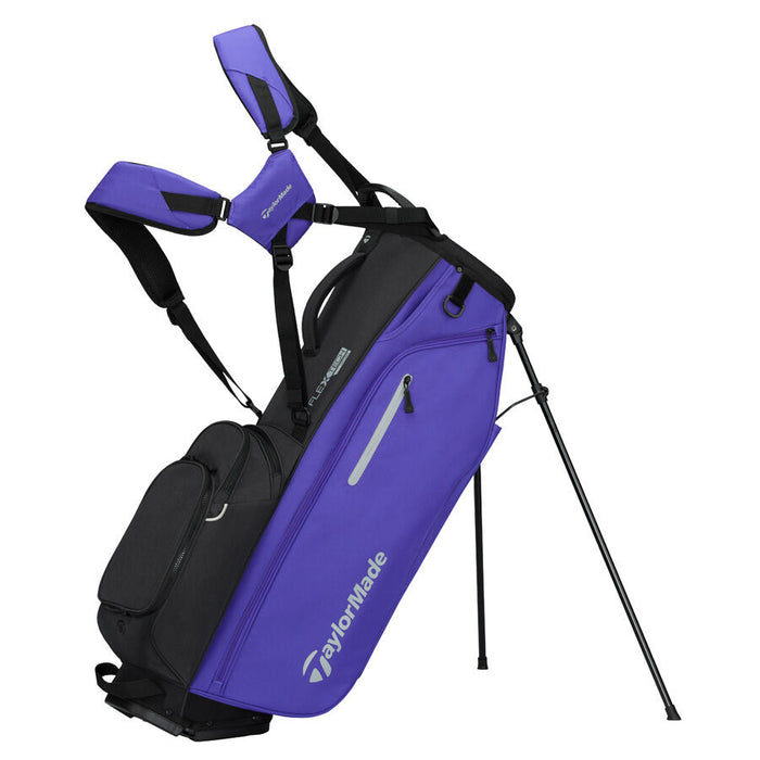 Purple and black golf bag with TaylorMade logo on a white background