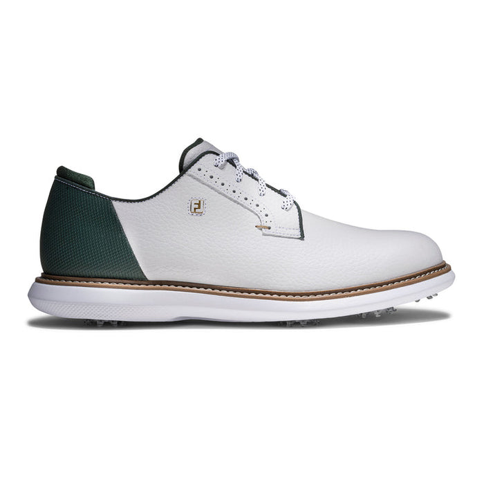 side of right foot of the FootJoy Traditions Blucher Golf Shoes in white and green