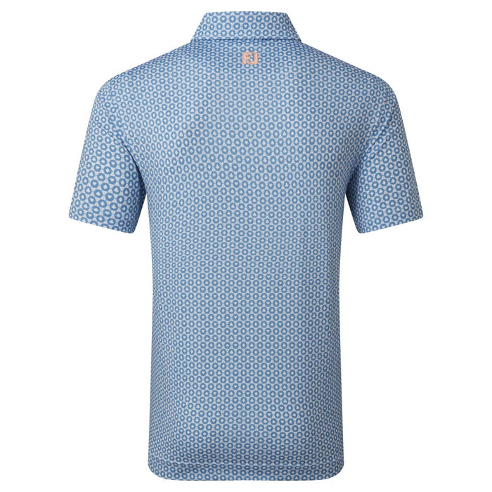 back of the FootJoy Vegas Marker Print Lisle Golf Polo Shirt in blue and peach