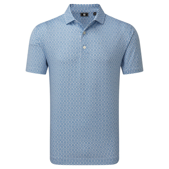 front of the FootJoy Vegas Marker Print Lisle Golf Polo Shirt in blue and peach