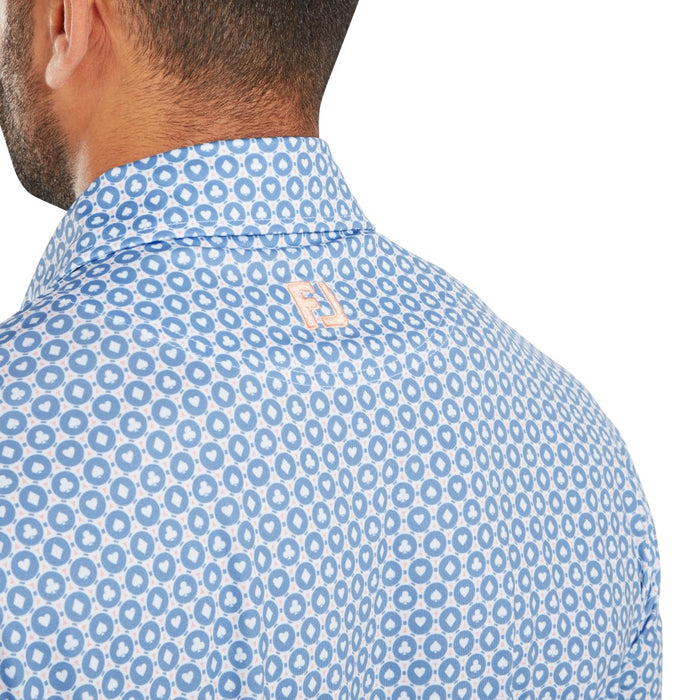 close up of the FootJoy Vegas Marker Print Lisle Golf Polo Shirt in blue and peach
