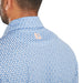 close up of the FootJoy Vegas Marker Print Lisle Golf Polo Shirt in blue and peach
