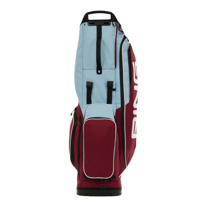 golf ball pocket on the PING Hoofer Lite Club Together Golf Stand Bag in football team colours maroon and light blue