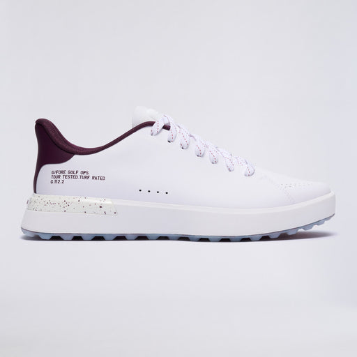 side profile of the right G/FORE G.112 Spikeless Golf Shoes in white and purple