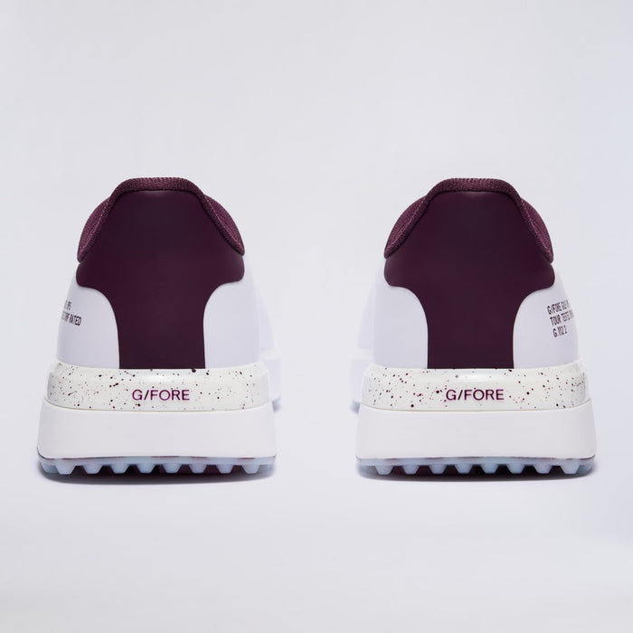 heels and speckled print on the G/FORE G.112 Spikeless Golf Shoes in white and purple