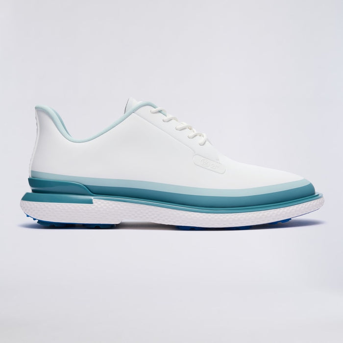 side profile of G/FORE Gallivan2r Tuxedo Stripe Men's Golf Shoes in white and blue