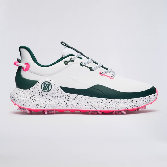 side view of the G/FORE MG4+ O2 G/LOCK Perforated Men's Golf Shoes in white green pink