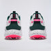 A pair of G/FORE MG4+ O2 G/LOCK Perforated Men's Golf Shoes shown from the back, featuring a white and dark green upper with a speckled white midsole and bright pink accents.