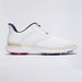 A white G/FORE Gallivan2R Brogue Saddle Men's Golf Shoes with navy blue accents on the collar and laces, a beige midsole, and pink and black golf spikes, shown in a side profile on a light grey background.