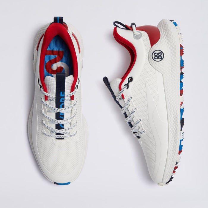 A pair of white G/FORE MG4+ O2 Perforated Men's Spikeless Golf Shoes shown from top and side views on a light grey background, featuring red and blue accents, white laces, and a circular logo on the heel.