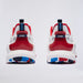 A pair of white, red, and blue G/FORE MG4+ O2 Perforated Men's Spikeless Golf Shoes shown from the back on a light grey studio background. The shoes feature a white textured midsole, a glossy red heel counter, and red and blue accents on the collar, tongue, and outsole.
