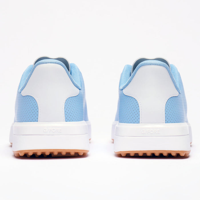 A pair of light blue and whiteG/FORE G.112 Perforated Men's Spikeless Golf Shoes shown from the back, featuring perforated mesh panels, a thick white midsole, and a gum rubber outsole.