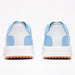 A pair of light blue and whiteG/FORE G.112 Perforated Men's Spikeless Golf Shoes shown from the back, featuring perforated mesh panels, a thick white midsole, and a gum rubber outsole.