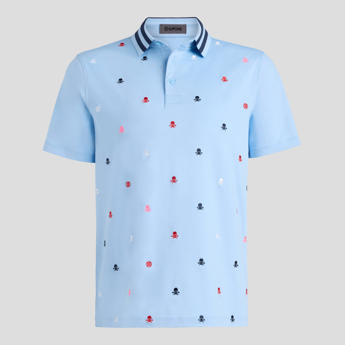G/FORE Embroidered Tech Jersey Men's Golf Polo Shirt in light blue, with all over skull and tees and circle g logos in various colours