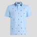 G/FORE Embroidered Tech Jersey Men's Golf Polo Shirt in light blue, with all over skull and tees and circle g logos in various colours