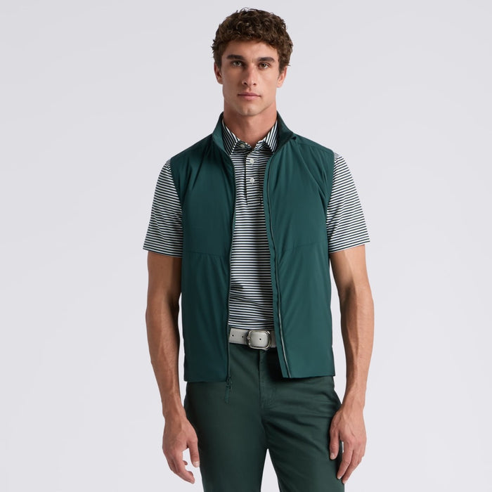 G/FORE The Maverick Hybrid Stretch 2.0 Men's Golf Gilet in pin green on male model with it unzipped