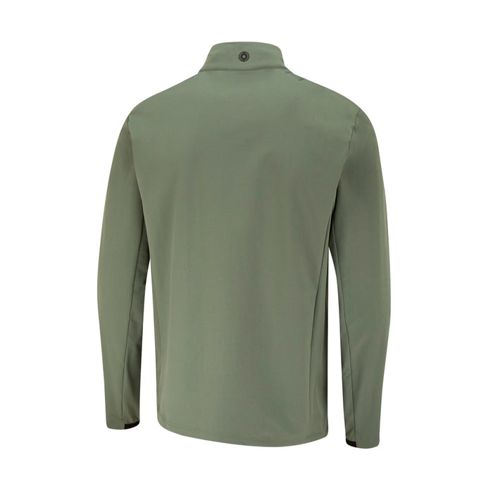 Back view of a sage green PING Jude men's softshell golf jacket with a high collar and minimalist design.