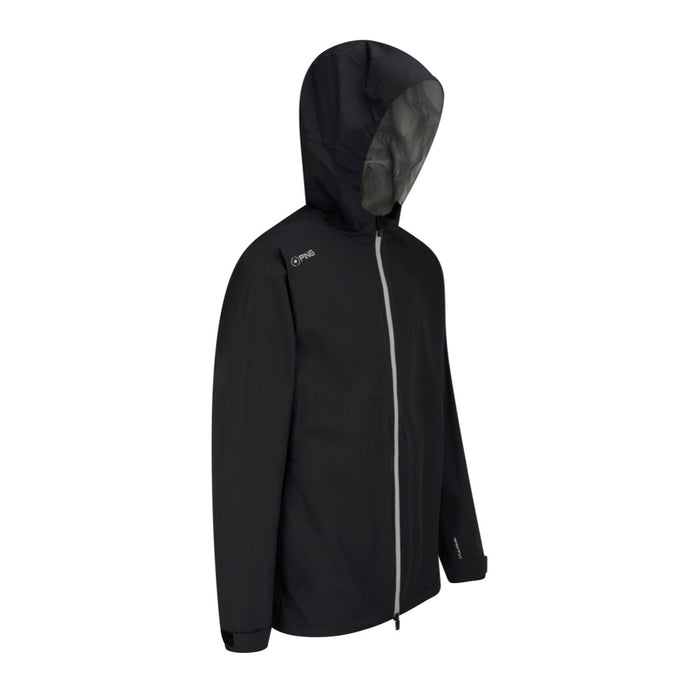 PING AquaDrive hooded men's waterproof golf jacket in black, side view featuring a full-length zip and hood.