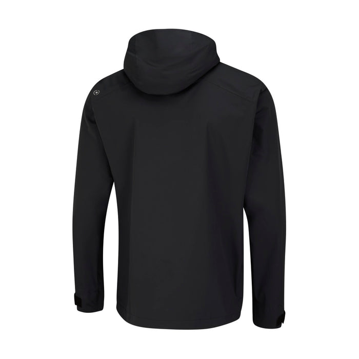 Back view of a black PING AquaDrive hooded waterproof golf jacket with a minimalist design.
