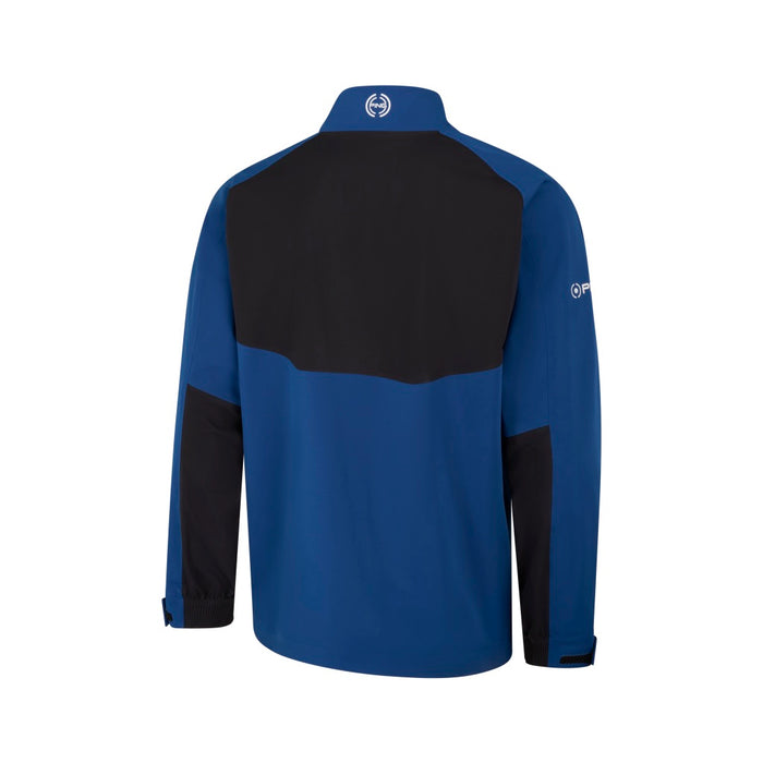Back view of a PING AquaDrive Pro waterproof golf jacket in blue and black with a high collar and white branding.