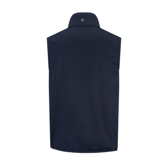 Back view of the navy blue PING Ivan men's hybrid golf vest with a high collar and small logo detail.