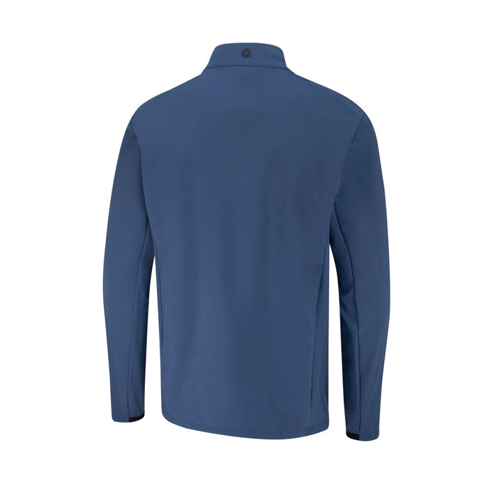 Back view of a blue PING Jude men's softshell golf jacket with a high collar and long sleeves.