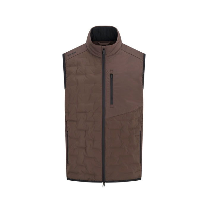 Front view of the PING Norse Cocoon 2.0 men's golf vest in bracken brown with a quilted design and zip chest pocket.