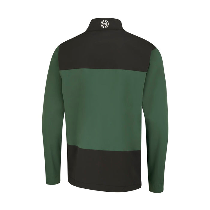 Back view of a PING AquaDrive waterproof golf jacket in dark green and black with a high collar and logo detail.