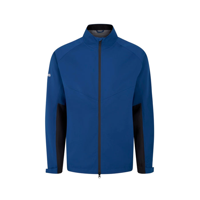 PING AquaDrive Pro men's waterproof golf jacket in midnight blue and black, front view with full-length zip.