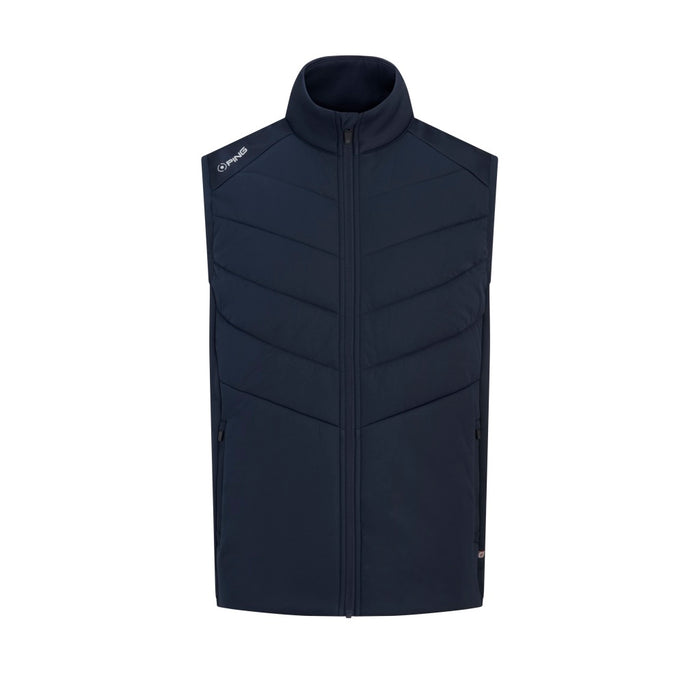 PING Ivan men's hybrid golf vest in navy, front view featuring a high neck, full zip, and quilted chest panels.