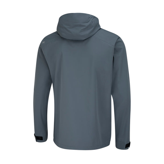 Back view of a grey PING AquaDrive hooded waterproof golf jacket with adjustable cuffs.