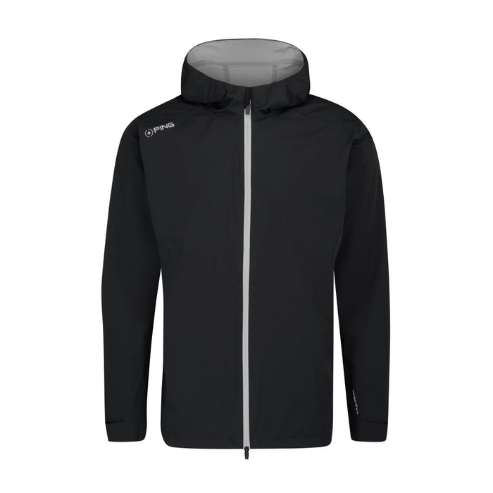 PING AquaDrive hooded waterproof golf jacket in black with a grey hood lining and front zip, front view.